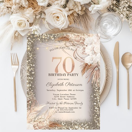 Boho Bloemen, Lichtjes Glitter Frame 70e Verjaarda Kaart