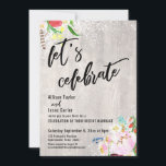 Boho Bloemen Lichtjes Rustic Hout Laten we Feestvi Kaart<br><div class="desc">In dit unieke, bohemien ontwerp voor een huwelijksuitnodiging heb ik een modern handgeschreven lettertype gebruikt om grafische typografie-overlay's te maken met de tekst "laten we vieren" en "en". Om de tekst te omlijsten heb ik slordige sprays van kleurrijke boho-waterverf bloemen en grafische afbeeldingen van twinkelende lichtjes over een subtiele, verbleekte...</div>