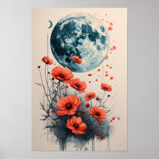 Boho Bloemen Lijst met Blauwe Maan: Waterverf Poster