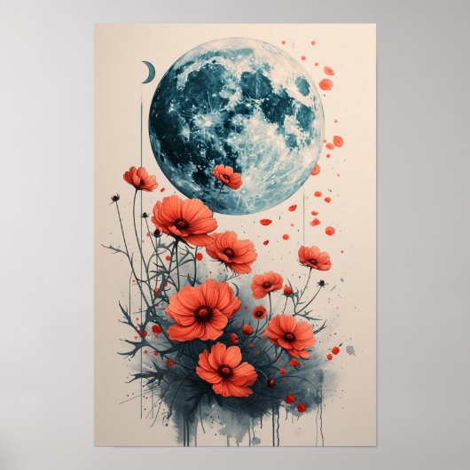Boho Bloemen Lijst met Blauwe Maan: Waterverf Poster (Voorkant)
