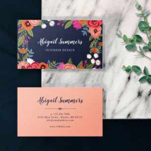 Boho Bloemen Lijst - Navy Blue & Coral Visitekaartje