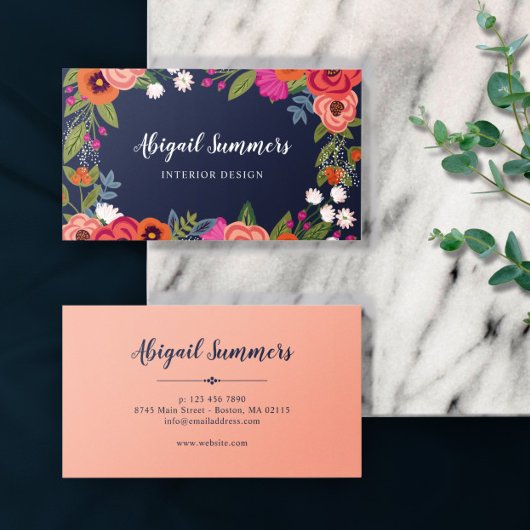 Boho Bloemen Lijst - Navy Blue & Coral Visitekaartje