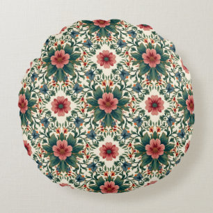 Boho Bloemen Magie - in tinten groen en roze Rond Kussen
