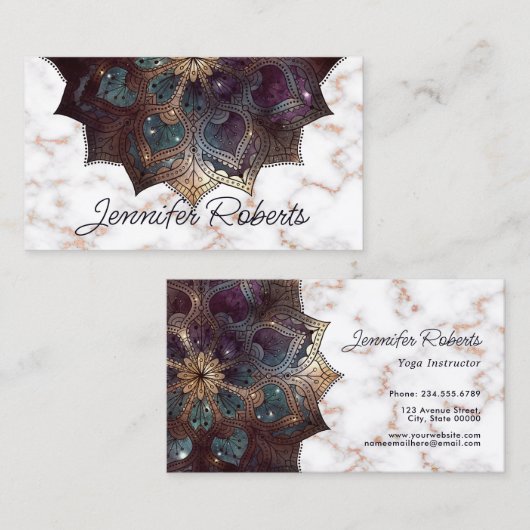 Boho Bloemen Mandala Roos Goud Marmer Yoga Elegant Visitekaartje (Voorkant / Achterkant)