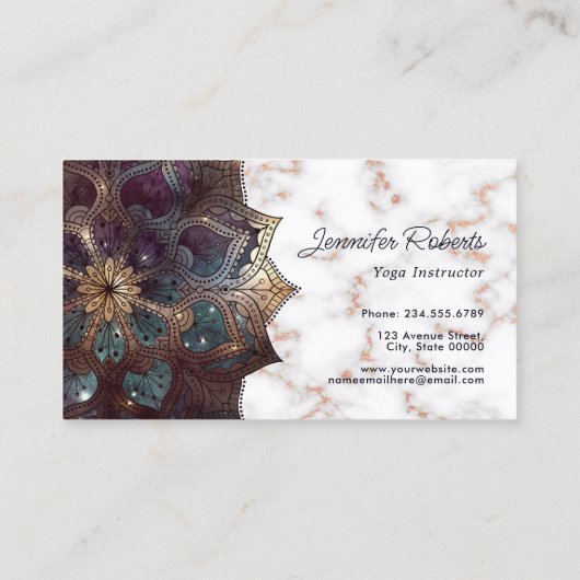 Boho Bloemen Mandala Roos Goud Marmer Yoga Elegant Visitekaartje (Achterkant)