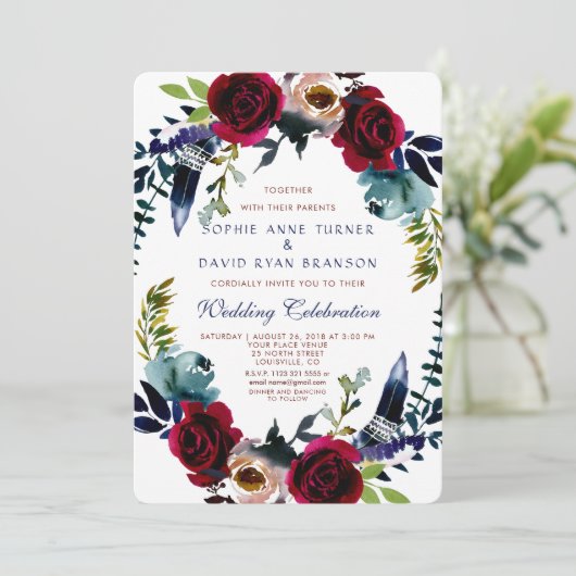 Boho Bloemen Marsala Navy Blauwe Trouw Uitnodiging (Staand voorkant)
