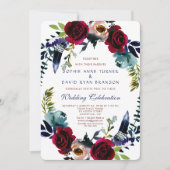 Boho Bloemen Marsala Navy Blauwe Trouw Uitnodiging