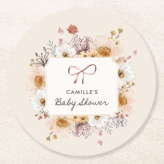 Boho Bloemen Meisje Baby shower Ronde Kartonnen Onderzetter (Voorkant)