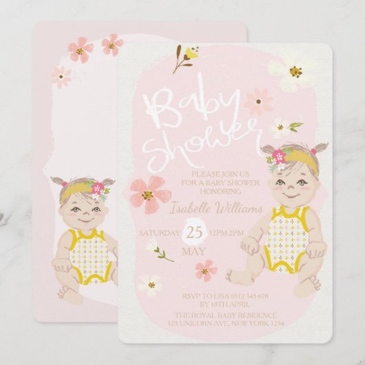 Boho Bloemen Meisje Invitation Roze Baby shower Kaart (Voorkant / Achterkant)