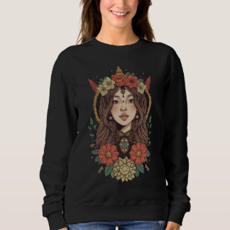 Boho Bloemen Meisje Zwarte Sweater