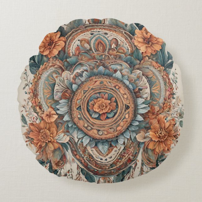 Boho Bloemen Modern Art Ronde Kussen (Voorkant)