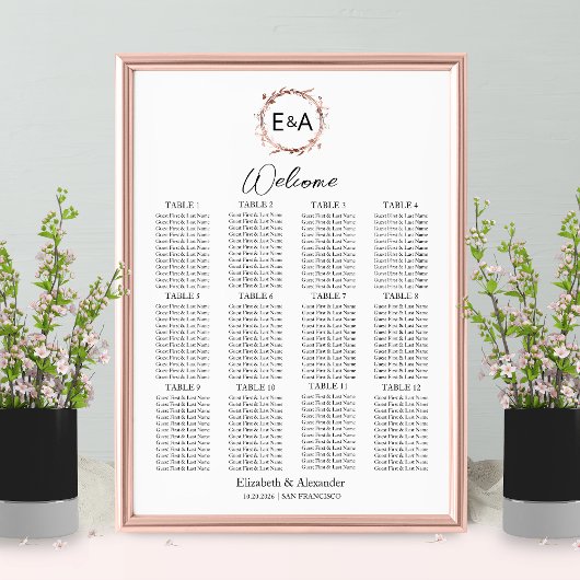 Boho Bloemen Monogram Bruiloft Zitkaarten Teken Poster