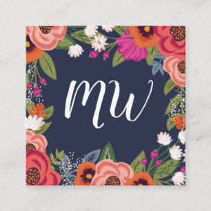 Boho Bloemen - Navy Blue & Coral - Monogrammed Vierkante Visitekaartje