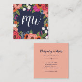 Boho Bloemen - Navy Blue & Coral - Monogrammed Vierkante Visitekaartje (Voorkant / Achterkant)