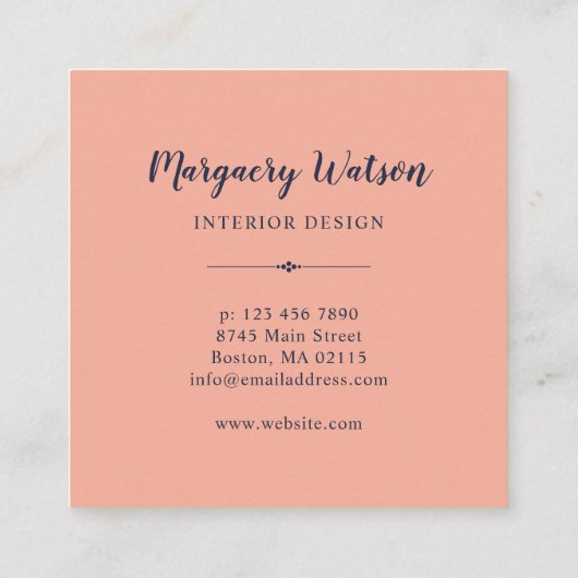 Boho Bloemen - Navy Blue & Coral - Monogrammed Vierkante Visitekaartje (Achterkant)