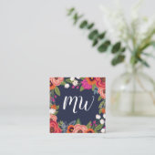 Boho Bloemen - Navy Blue & Coral - Monogrammed Vierkante Visitekaartje (Staand voorkant)