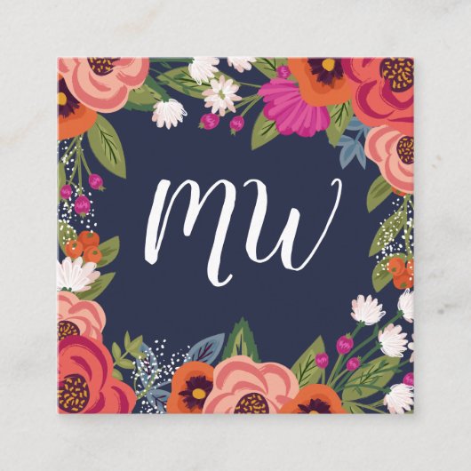 Boho Bloemen - Navy Blue & Coral - Monogrammed Vierkante Visitekaartje (Voorkant)