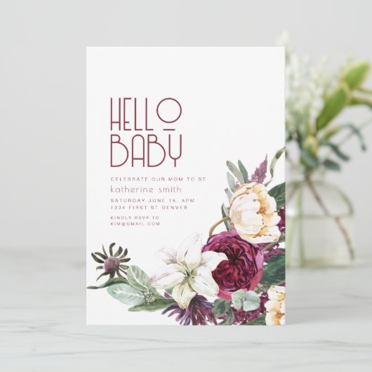 Boho Bloemen Paarse & Cream Baby shower Uitnodigin Kaart (Staand voorkant)