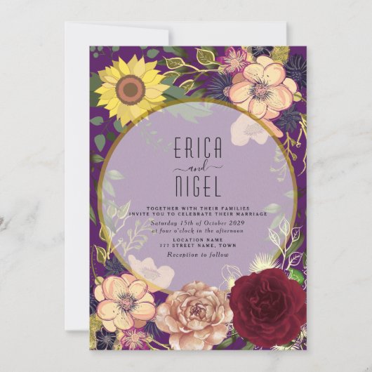 Boho Bloemen Paarse Trouw Uitnodiging (Voorkant)