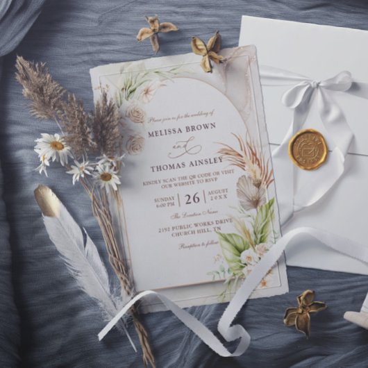 Boho Bloemen Pampas Budget QR Code Bruiloft Kaart