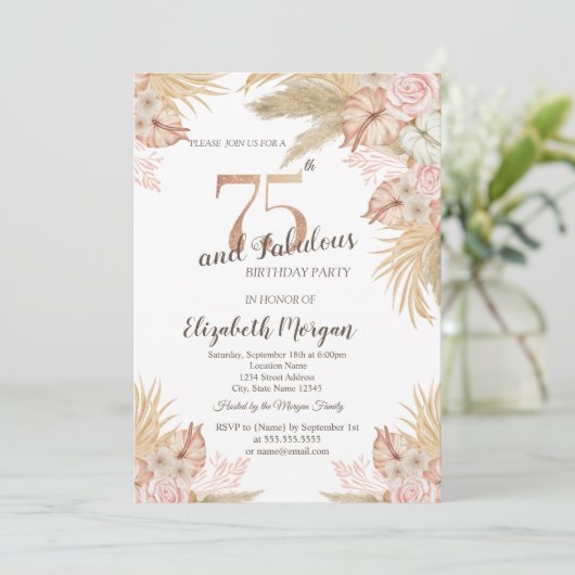 Boho Bloemen, Pampas gras 75e verjaardag Kaart (Staand voorkant)