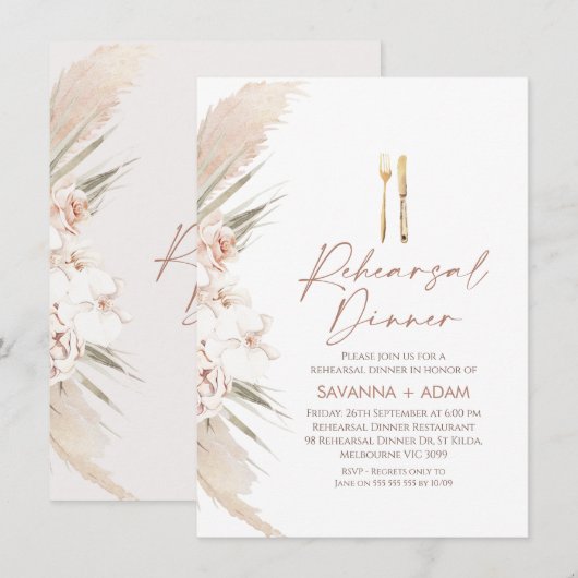 Boho Bloemen Pampas Gras Bestek repetitie diner Kaart (Voorkant / Achterkant)