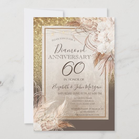 Boho Bloemen Pampas Gras Glitter Jubileum Kaart (Voorkant)