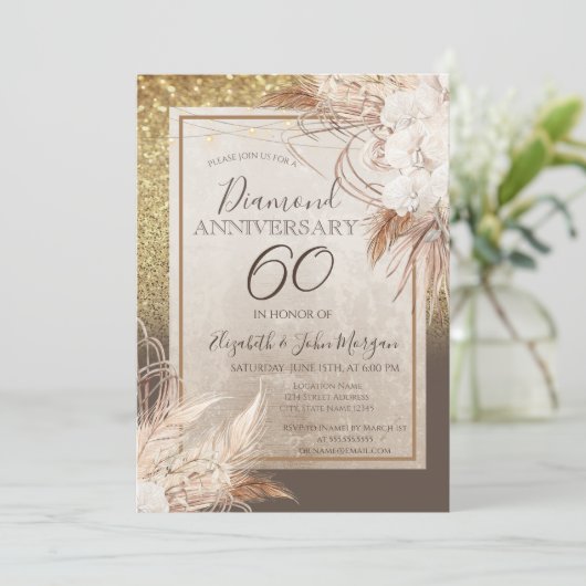 Boho Bloemen Pampas Gras Glitter Jubileum Kaart (Staand voorkant)