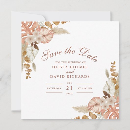 Boho Bloemen Pampas Grass Bruiloft Save the Date (Voorkant)