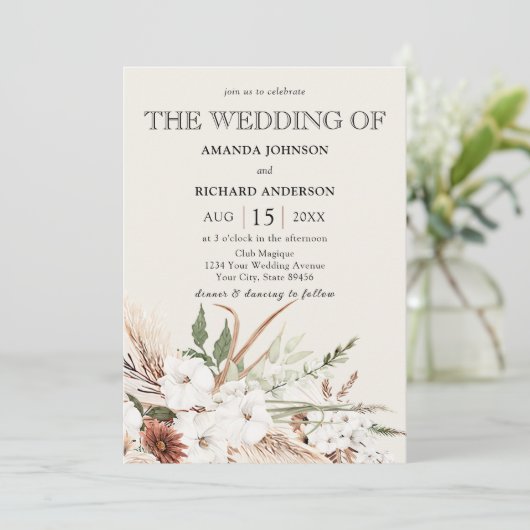 Boho Bloemen Pampas Grass Terracotta Foto Bruiloft Kaart (Staand voorkant)