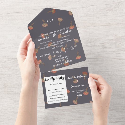 Boho Bloemen Patroon Ontwerp Monogram Bruiloft All In One Uitnodiging (Afscheurbaar)