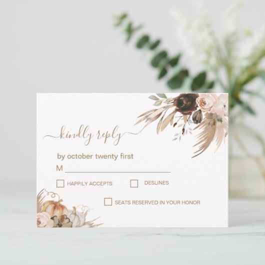 Boho Bloemen Pompoen Herfst in liefde RSVP Kaartje (Staand voorkant)