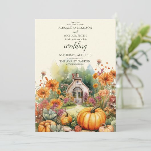 Boho Bloemen Pompoen Scrip Bruiloft Kaart (Staand voorkant)