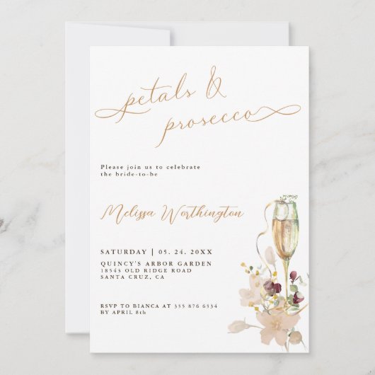 Boho Bloemen & Prosecco Fancy Script Bruiloftsfees Kaart (Voorkant)