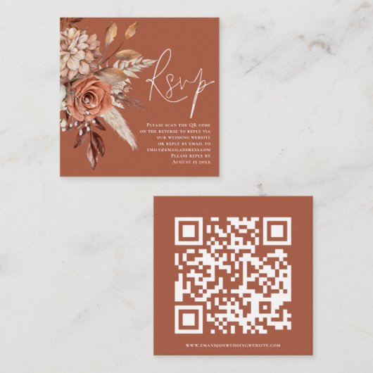 Boho Bloemen QR Code Terracotta Huwelijk RSVP Informatiekaartje (Voorkant / Achterkant)