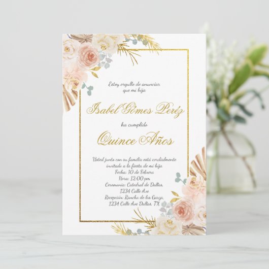 Boho bloemen Quince uitnodiging in het Spaans (Staand voorkant)