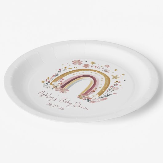 Boho Bloemen Regenboog Baby shower Papieren Bordje (Gekanteld)