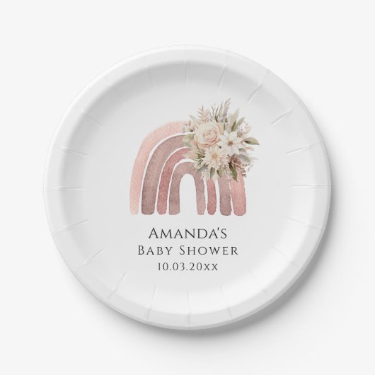 Boho Bloemen Regenboog Meisje Baby shower Papieren Bordje (Voorkant)