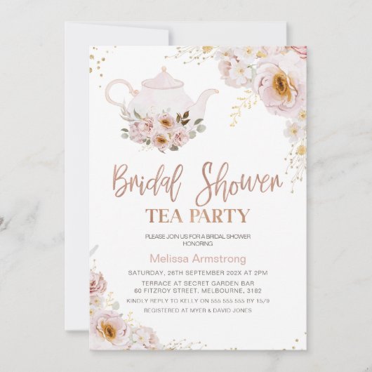 Boho Bloemen Roos Goud Vrijgezellenfeest Tea Party Kaart (Voorkant)