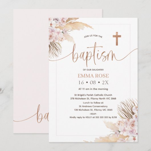 Boho Bloemen Roos Gouden Kalligrafie Doop Kaart (Voorkant / Achterkant)