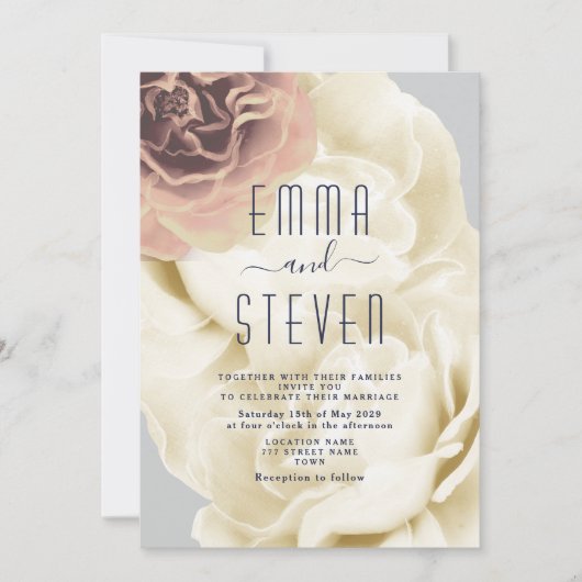 Boho bloemen roze & blauwe trouw uitnodiging (Voorkant)