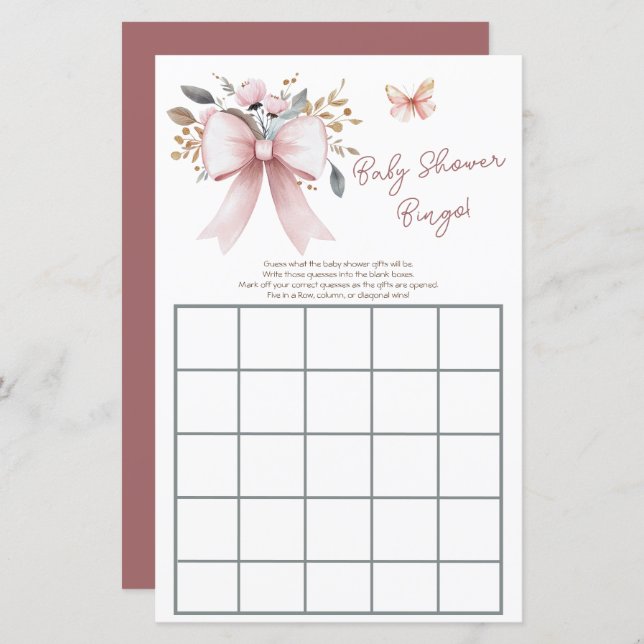 Boho Bloemen Roze Bow Meisje Baby shower Bingo (Voorkant / Achterkant)