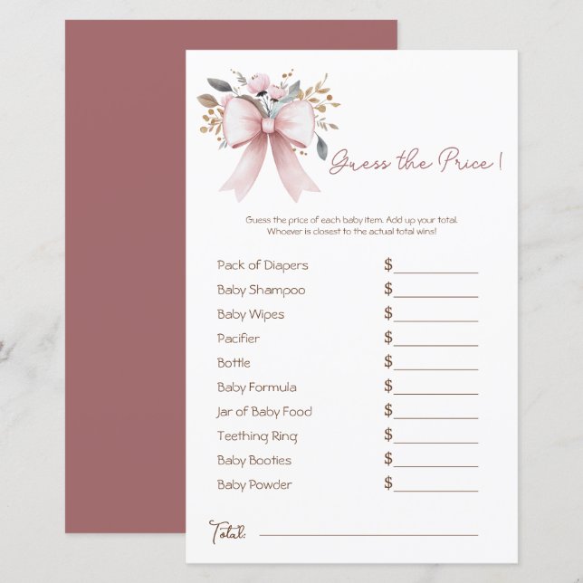 Boho Bloemen Roze Bow Meisje Baby shower Prijs Gue (Voorkant / Achterkant)