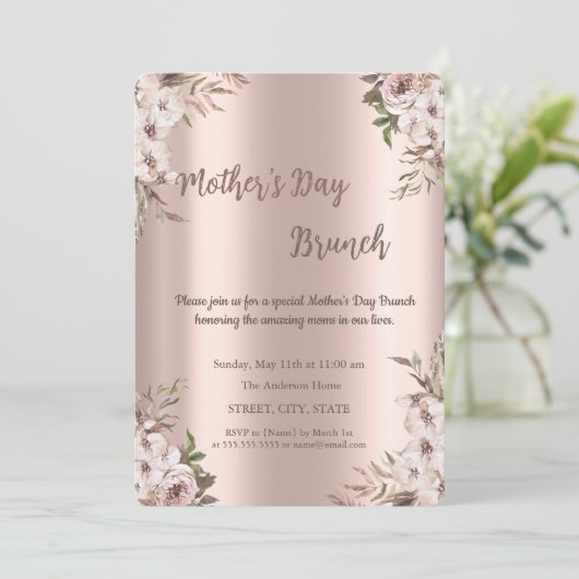 Boho Bloemen Roze Goud Moederdag Brunch Kaart (Staand voorkant)