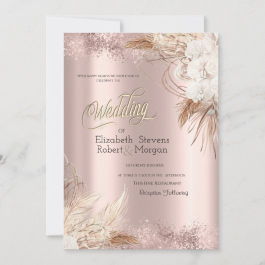 Boho Bloemen Roze Gouden Confetti Bruiloft  Kaart (Voorkant)