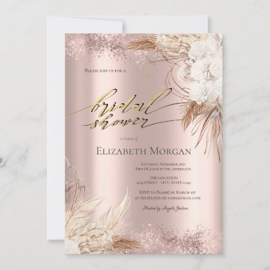 Boho Bloemen Roze Gouden Confetti Bruiloftsfeest Kaart (Voorkant)