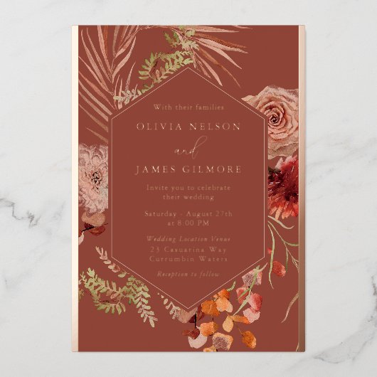 Boho Bloemen Roze Gouden Folie Bruiloft Uitnodiging (Voorkant)