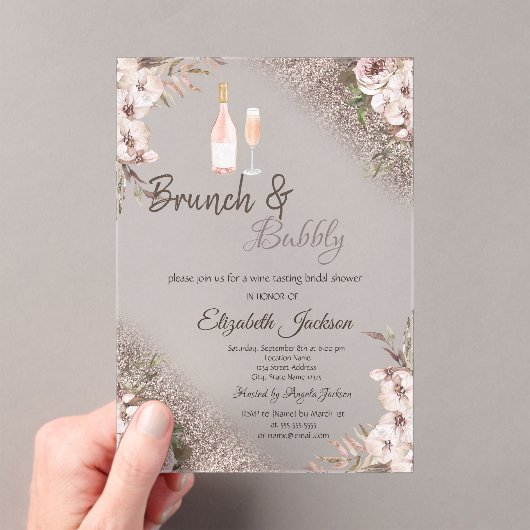 Boho Bloemen Roze Gouden Glitters Brunch & Bubbel Acryl Uitnodigingen (Insitu (Draagbaar))