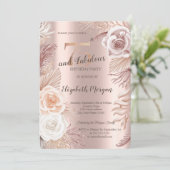 Boho Bloemen Roze Gouden Uitnodiging 75e Verjaarda (Staand voorkant)
