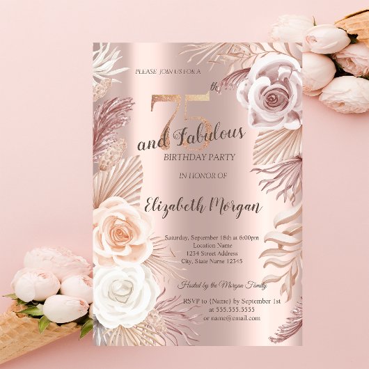 Boho Bloemen Roze Gouden Uitnodiging 75e Verjaarda